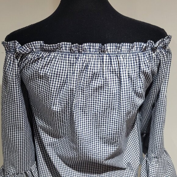 Atmosphere Off the Shoulder Ruffled Gingham Print Blouse Size 0 Blue and White - Picture 8 of 11